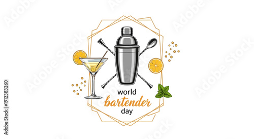 Illustration of a world bartender day icon with a cocktail shaker, bar spoon, and mixed drinks in a colorful, celebratory graphic design.