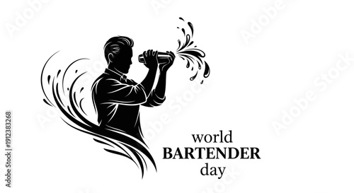 Vector illustration of a bartender in action, shaking a cocktail with dynamic lines, celebrating World Bartender Day with a sleek design.