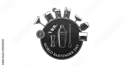 Vector illustration of bartending tools and glassware for World Bartender Day, featuring a shaker, bottle, jigger, and spoon on a black icon with white text, conveying hospitality and