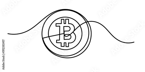 Continuous line drawing of bitcoin cryptocurrency. Blockchain, finance and banking technology concept drawn by one line, Bitcoin coin, cryptocurrency one line art