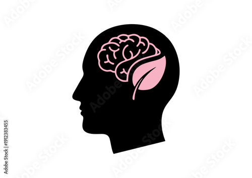 Flat vector icon of human head silhouette with brain illustration. Concept of thinking, mental health, psychology, intelligence, learning and creativity. Isolated on white.