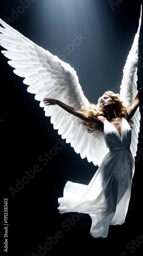 Graceful angelic figure with luminous white wings under dramatic spotlight.