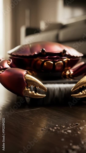 Closeup of red crabs with glossy shells resting on a wooden surface.