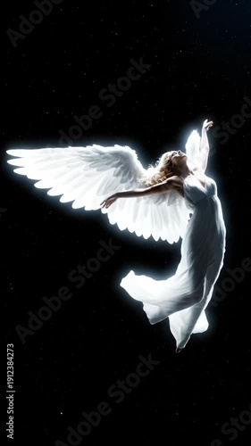Floating white-winged angel figure against a dark background.