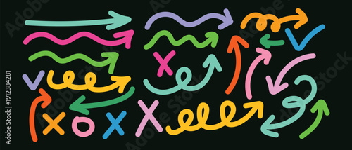 Hand drawn grunge crayon brush direction elements. Vector illustration, Arrow crayon pastel chalk color line stroke. Sketch chalk pastel color texture line kid fun arrow icon.