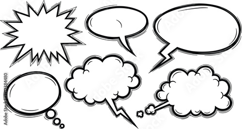 Black and White Hand Drawn Comic Speech and Thought Bubble Vector Illustration Set