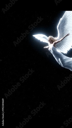 Solitary dove in graceful flight against a dark night sky with glowing white wings.