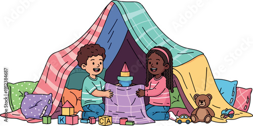 Kids Playing in Tent Isolated Transparent Background Flat 2D Vector Illustration