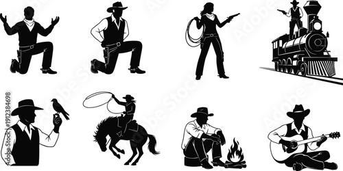 Large collection of black cowboy and cowgirl silhouettes featuring rodeo riding lasso throwing campfire scene steam train robbery and wild west outlaw characters set.