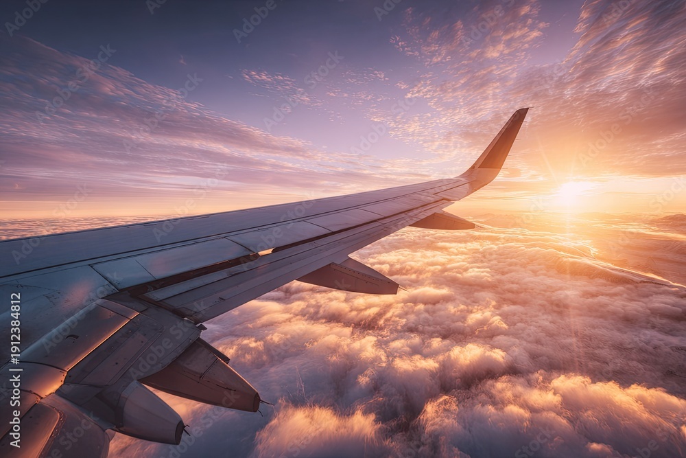 Obraz premium Airplane wing in flight over clouds at sunrise sunset