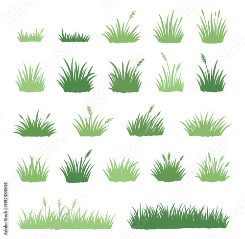 Green grass tufts and lawn plants set, meadow field foliage vector collection isolated on transparent background