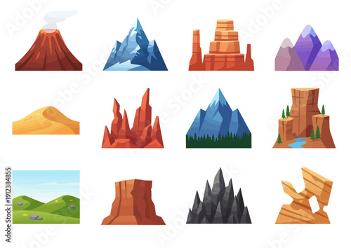 Mountain and desert landscape icons set, rock cliffs volcano canyon and alpine peaks vector illustration isolated on transparent background
