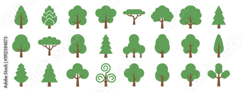 Green tree icon set, forest woodland deciduous and evergreen pine oak vector illustration isolated on transparent background