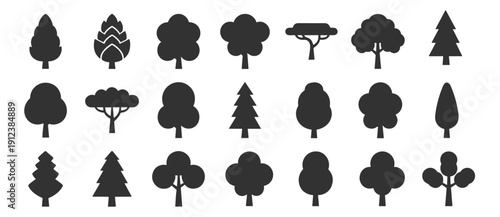 Forest tree collection,  deciduous and evergreen pine spruce fir icons vector isolated on transparent background