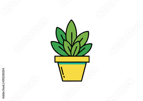 Flat vector illustration of green houseplant in yellow pot. Simple botanical icon for home decor, eco design, lifestyle branding and UI projects.