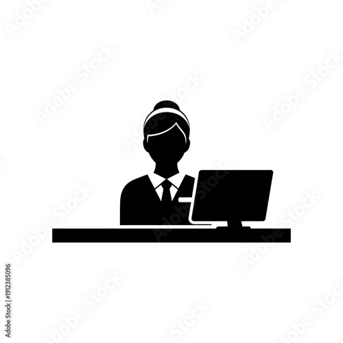 minimalist flat silhouette icon of front desk receptionist with computer monitor