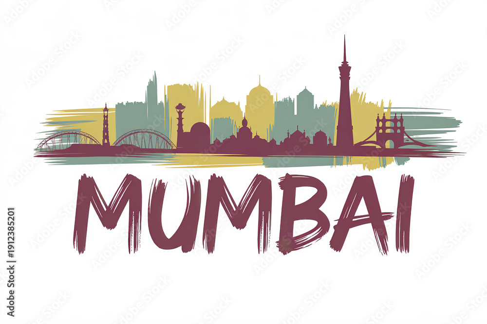 Obraz premium Abstract Mumbai City Skyline Illustration with Brush Stroke Text