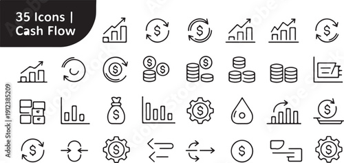 Cash flow icons set with financial symbols and graphs for business and finance themes