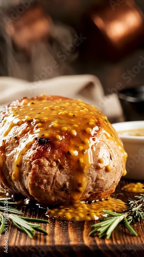 Savory glazed beef patty with rosemary garnish on rustic wooden board.
