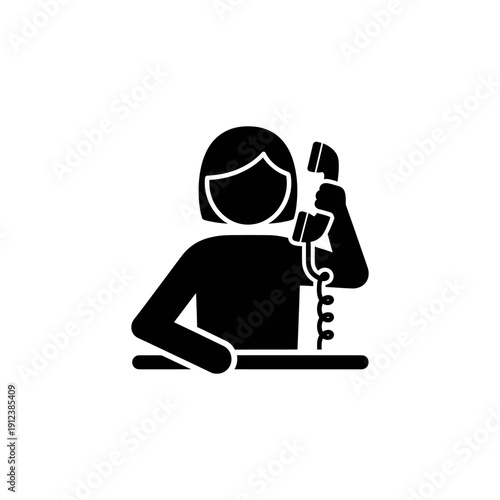 flat silhouette black solid icon of receptionist answering phone