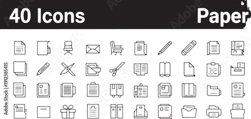 Paper and office supply icons set featuring document sheets envelope mailing tools writing pencils stationery and file folders