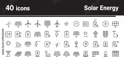 Pack of solar energy icons featuring panels windmills sun and renewable power generation equipment for clean energy concepts