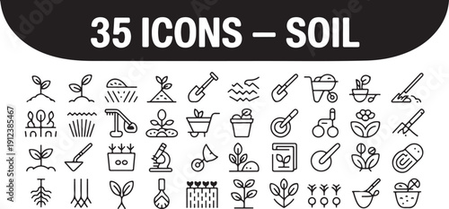 Assortment of soil and gardening icons depicting plants seeds tools and farming equipment for agriculture and growth concepts