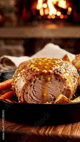 Golden roasted meat slices plated beside a warm fireplace, inviting and savory.