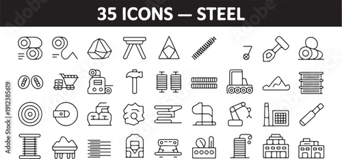 Set of steel industry icons. Manufacturing plant equipment tools and materials linear symbols pack.
