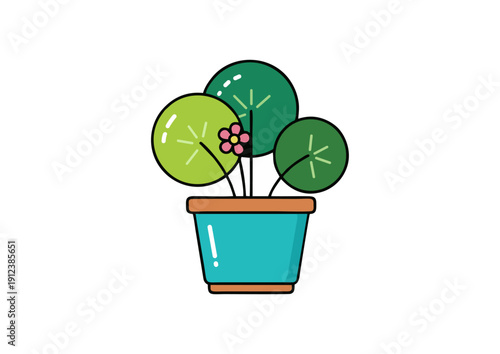 Cute flat indoor plant illustration in blue pot. Modern botanical icon for interior design, eco branding, stickers and digital products.