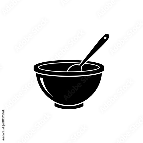flat black silhouette icon of mixing bowl with spoon, world baking day concept