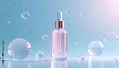 Pink PDRN and exosome serum bottle with floating bubbles on blue background, hydration concept.