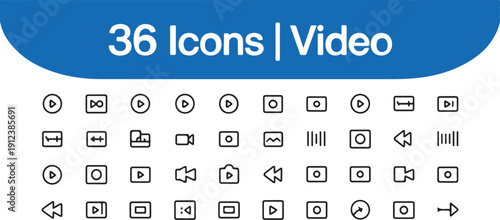 Collection of 36 vector line icons for video playback media player interface user experience navigation buttons and controls icons