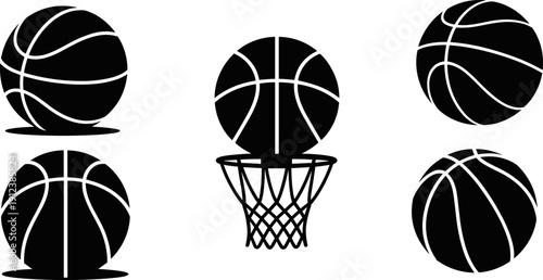 Basketball Ball and Hoop Silhouette Set, Black Sports Vector Icons Collection Isolated on White Background for Game, Tournament and Team Design
