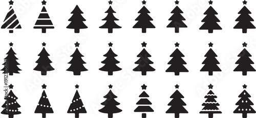 Christmas tree silhouette collection various styles of fir trees decorated with stars and ornaments for holiday season festive pattern