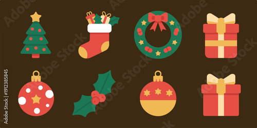 Christmas festive items like tree stocking wreath gift box bauble holly berry and present for holiday celebration bright and colorful