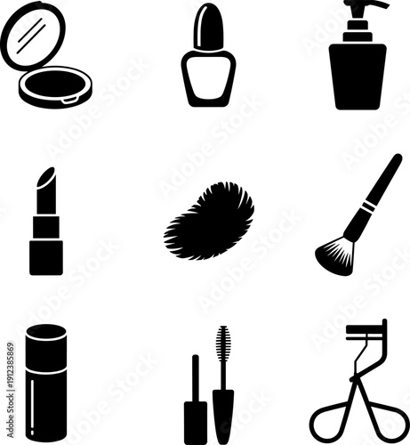 Beauty and cosmetics silhouette icon set featuring makeup tools, skincare bottles, brushes, lipstick, mascara, and eyelash curler in black vector style for salon, fashion, and wellness designs
