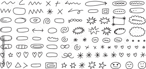 Hand drawn doodle elements and symbols for creative projects and decorations like swirls stars and speech bubbles