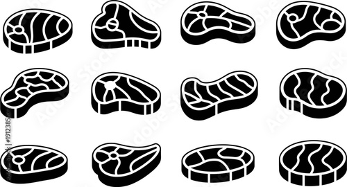 Beef steak silhouette icon set isolated on white background, assorted meat cuts collection for butcher shops, restaurant menus, food packaging, grilling concepts and vector illustration