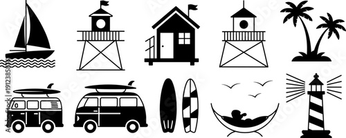 Beach vacation silhouettes set with lighthouse, lifeguard tower, surfboards, camper van and sailboat, summer travel icons collection isolated on white background vector illustration