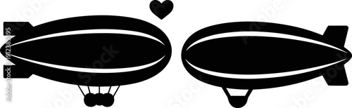 Black airship and zeppelin silhouette set isolated on white background, vintage flying blimp collection with heart symbol for aviation design, romance concepts and vector illustration