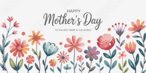 Happy Mother's Day horizontal banner with colorful watercolor flowers and foliage border, celebratory message for mom