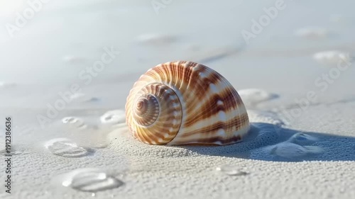 Seashell on Sandy Beach with Waves.