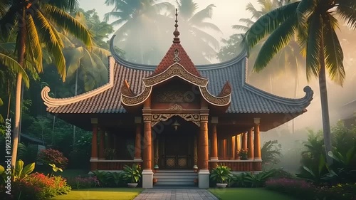 Serene Asian Temple in Tropical Landscape.