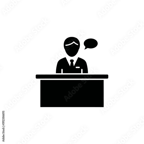 flat minimalist silhouette icon of information desk with receptionist symbol