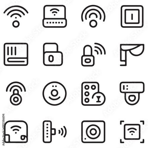 Internet and Network Technology Icon Set with Smart Home and Surveillance