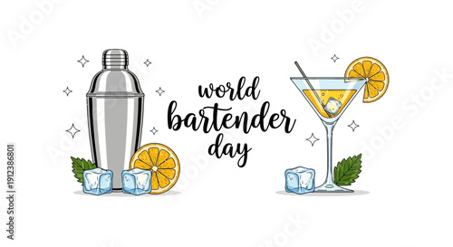 Illustration of World Bartender Day with cocktail shaker, orange slices, ice cubes, and a martini glass against a clean white background.