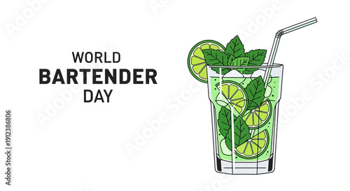 Vector illustration of a mojito cocktail with lime slices and mint leaves on World Bartender Day, celebrating hospitality and mixology with a refreshing drink.