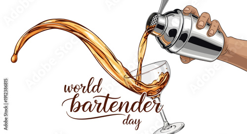 Illustration of a bartender pouring a cocktail with a pouring technique on World Bartender Day, with text and icons in a vector graphic.