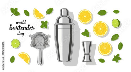 Illustration of bartender tools and citrus fruits celebrating World Bartender Day with a mixologist's equipment on a white background.